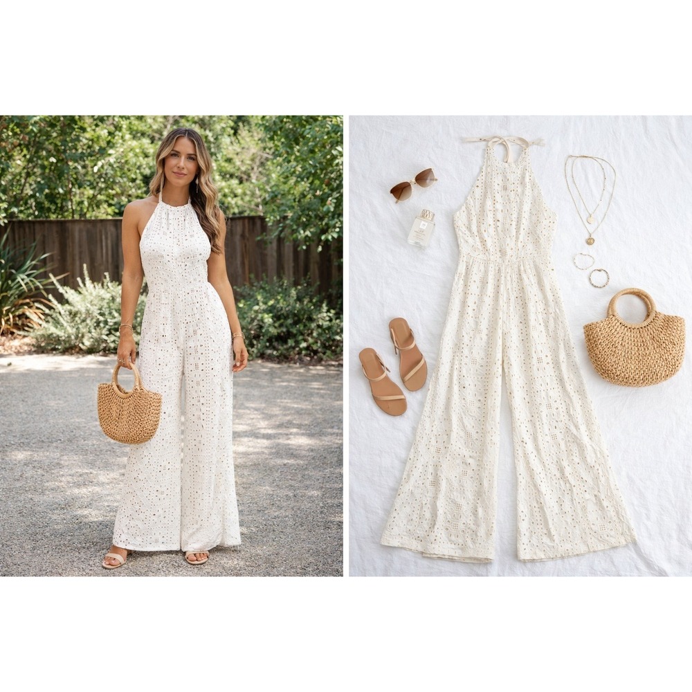 Free People Heatwave Eyelet Halter Jumpsuit White Wide Leg Medium OB1125740